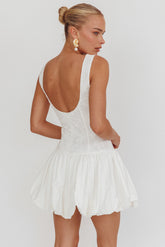 Opulent Sleeveless Bubble Hem Mini Dress Embroidered White